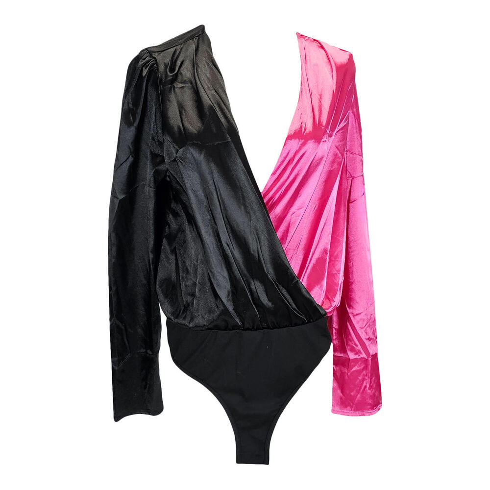 Shein Sassy Two-Tone Satin Bodysuit - Black & Pink Glam/L
